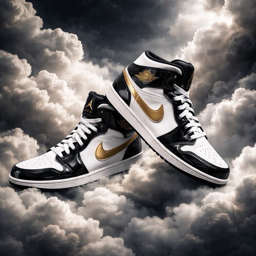 Nike Air Jordan 1 Mid SE Patent Leather Mens Sz 13 White Black Gold 852542-007